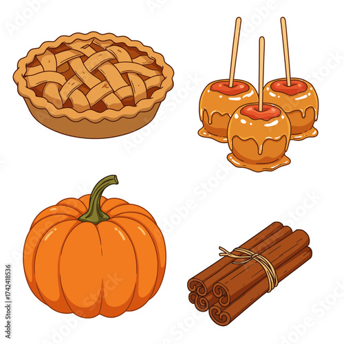 Fresh Baked Apple Pie and Candy Apples – Autumn Holiday Dessert Illustration