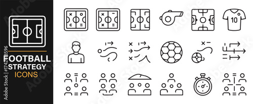 Soccer Tactics Icon Set, Featuring Formations, Strategy Diagrams, and Player Movements