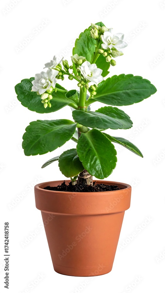 Obraz premium Small potted houseplant with white flowers and vibrant green leaves