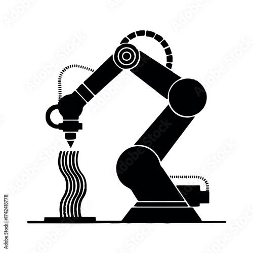 Silhouette of a robotic arm 3d printing an object isolated on white background, showcasing advanced manufacturing and automation technology