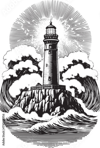 Striking lighthouse illustration against stormy waves, a beacon of hope and resilience perfect for coastal businesses and nautical designs