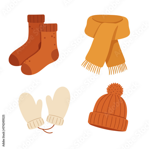 Warm scarf, socks, and mittens vector for cozy autumn and winter season fashion essentials