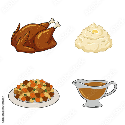 Thanksgiving turkey with mashed potatoes and gravy vector showing festive autumn dinner celebration