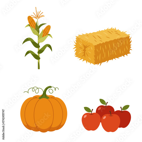 Hay bale and pumpkin with autumn leaves vector showing rustic farm harvest and cozy countryside theme