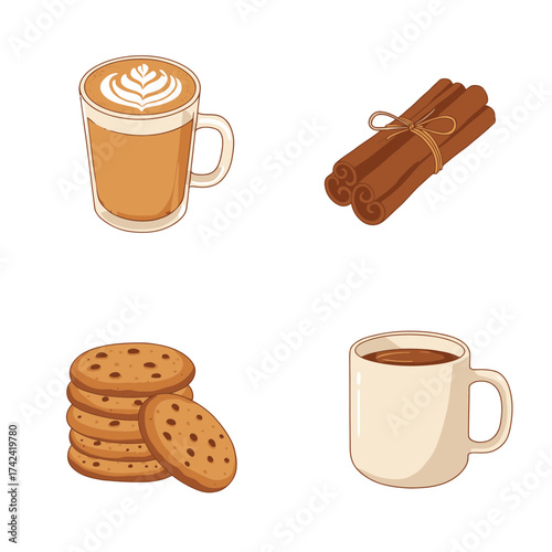 Coffee, cookie, and cinnamon illustration representing cozy fall cafe and sweet autumn treats