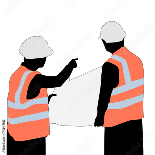 silhouette two foremen with white helmet are looking at the blueprint while pointing at something and discussing something. Concept of collaboration and teamwork.