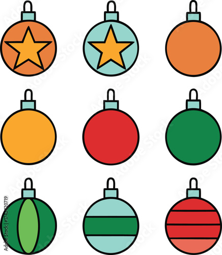 A Set of Christmas balls, Christmas Balls Elegant Holiday Ornament Vector Collection, Colorful Christmas Baubles Set Flat Vector Holiday Decoration Design