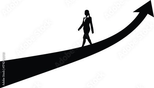 Businesswoman silhouette walking on an upward arrow, isolated on white background, representing career growth