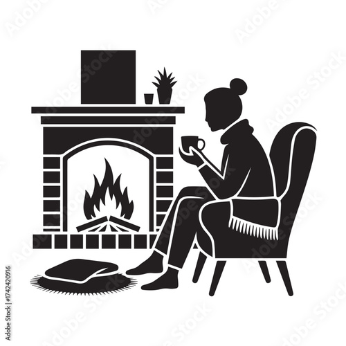 Woman relaxing in armchair by fireplace isolated on white background cozy winter scene with person enjoying hot drink in front of warm fire