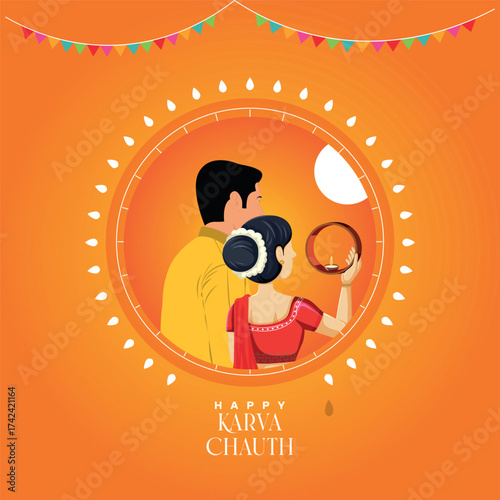 Vector illustration of an Indian couple celebrating Happy Karva Chauth. A traditional Hindu woman looks at the moon through a sieve while her husband stands by her side on an orange background.