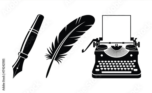 Set of four black vector objects including fountain pen feather and typewriter for illustration and design silhouette vector illustration white background