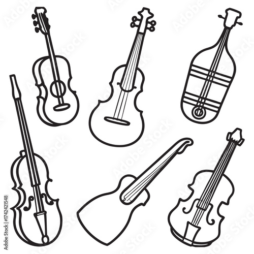 Collection of stringed musical instruments violin viola and cello presented as a vector illustration