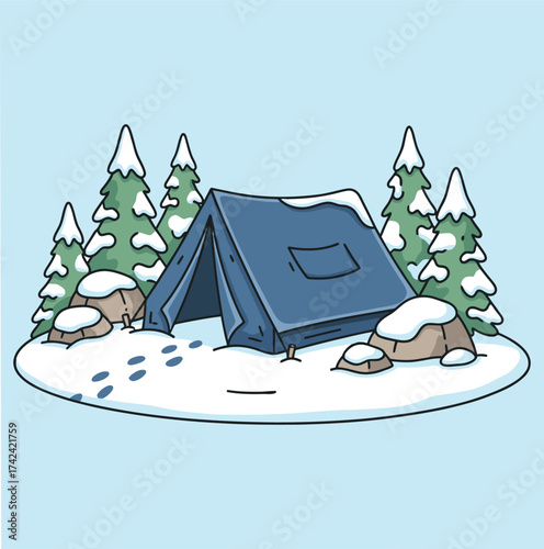 A blue winter camping tent pitched in a snowy forest clearing surrounded by snow covered pine trees and rocks isolated on white background