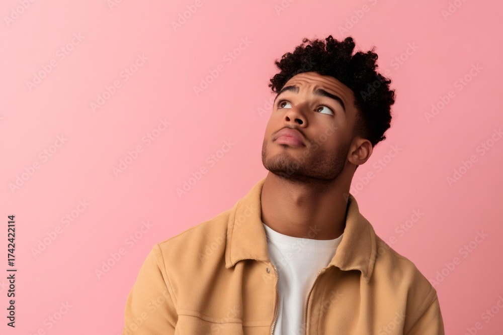 Obraz premium Young black man with a serious expression looking up, seeking inspiration. Thinking about new ideas or solutions