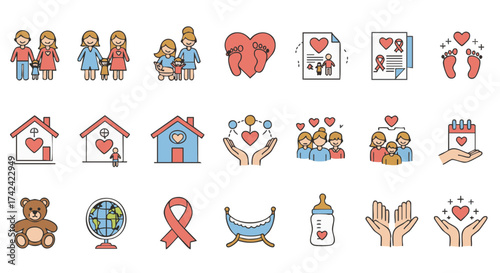 Vector flat icons adoption awareness family unity compassion design