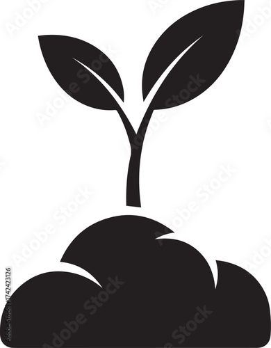 Black silhouette of a young plant seedling with two leaves growing from a stylized mound of earth.