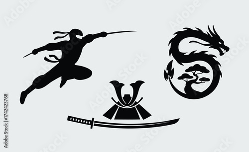 Set of four striking black vector silhouettes featuring ninja dragon samurai helmet and katana sword silhouette vector illustration white background