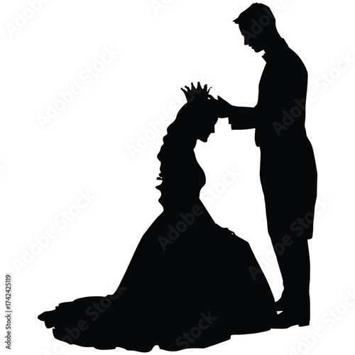 Romantic Silhouette Vector of Prince Crowning Kneeling Princess in Victorian Gown for Fairy Tale Wedding Designs