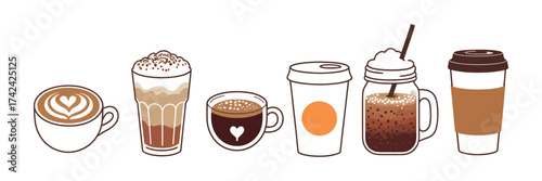 Hot and cold coffee beverage set showing espresso, americano, cappuccino, latte in paper cups plus iced macchiato in glass — flat vector illustrations on white background