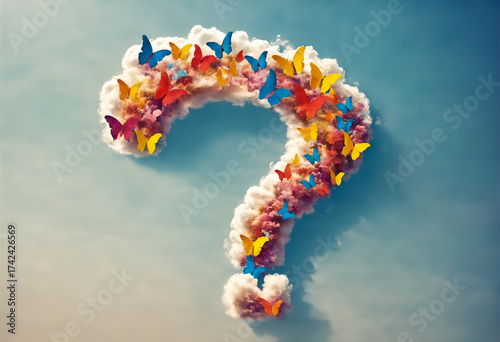 Question mark on blue sky with butterflies.