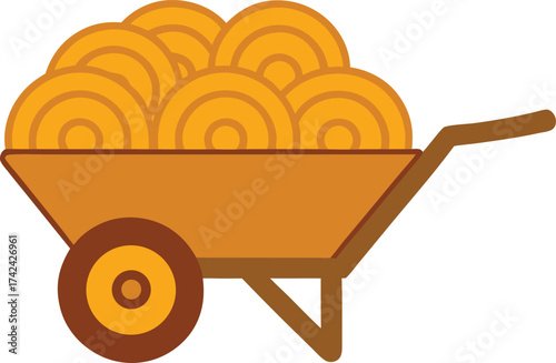 Rustic Wooden Wheelbarrow Filled with Straw on transparent background