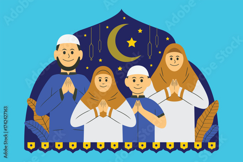 Happy Muslim Family Praying Together with Crescent Moon and Stars – Ramadan and Eid Mubarak Vector
