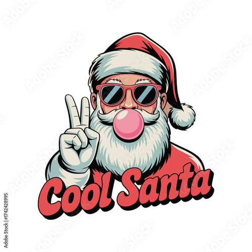 Cool santa claus wearing sunglasses chewing bubble gum and making a peace sign