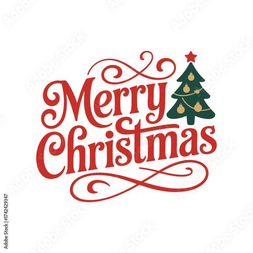 Festive merry christmas typography design with decorated tree celebrating holidays