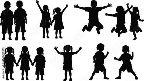 Happy children silhouettes vector illustration, kids jumping and playing together, friendship and fun concept, childhood joy, outdoor activity, happiness design