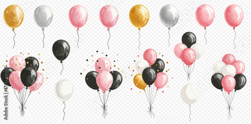 Illustration of balloons in various colors and arrangements on a transparent background.