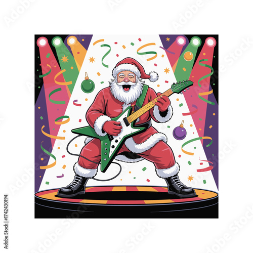 Energetic santa claus rocking out on electric guitar under stage lights with confetti