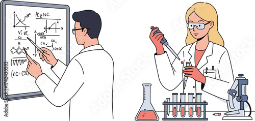 Scientists, laboratory, experiment, pipette, microscope, whiteboard, chemistry, equations, teamwork, goggles, gloves, research, STEM, cad drawing flat vector illustration