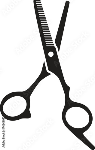 Black silhouette of hair cutting scissors isolated on white background, symbol of barbershop and hairstylist tools, minimalist design for beauty and grooming concept.