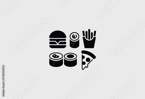 Vector illustration of a collection of fast food and sushi icons scalable eps for digital graphic design silhouette vector illustration white background