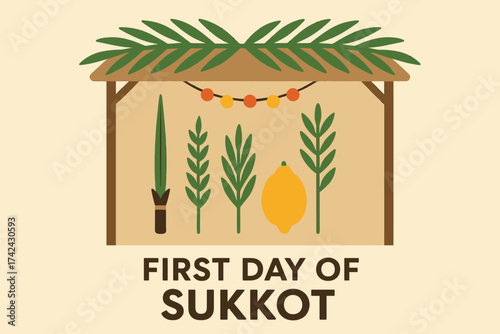 Flat illustration of a decorated sukkah hut with palm branches, etrog, lulav, hadas, and arava arranged neatly inside. Clean flat colors, sharp edges, minimal design, no gradients. Bold text First Day