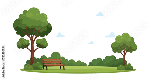 A serene park scene with lush greenery, trees, and a wooden bench invites peaceful relaxation and