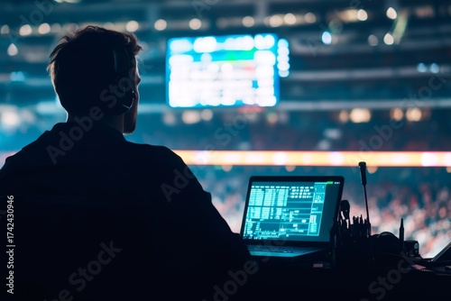 Sports journalist using laptop and microphone while watching game in busy press box at stadium