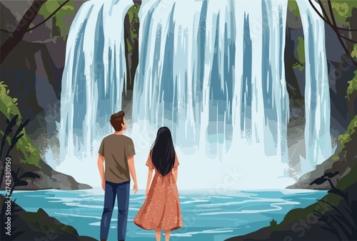 Waterfall view with couple enjoying nature, lush greenery, scenic cliff, peaceful outdoor moment, cad drawing flat vector illustration