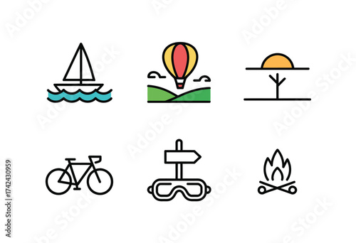 Set of minimalist line icons for travel adventure and outdoor activities vector graphics eps silhouette vector illustration white background
