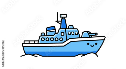Adorable cartoon illustration of a small warship with a friendly smile and bright color scheme