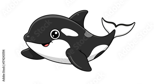 Adorable cartoon orca swimming happily in the ocean with a friendly expression