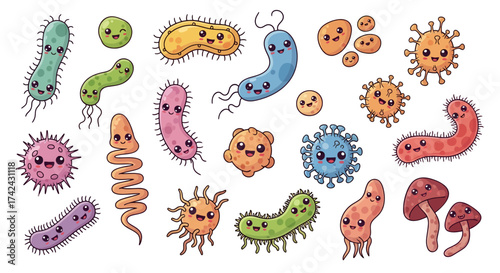 Adorable cartoon microbes collection offering a whimsical view of microscopic organisms suitable