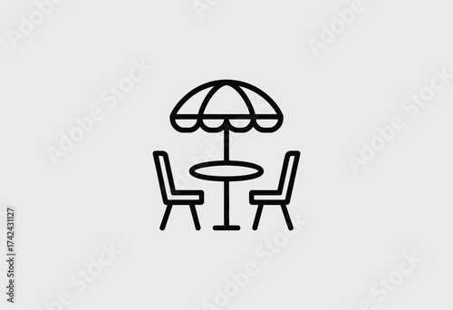Minimalist outline icon of outdoor dining set with umbrella scalable vector illustration eps silhouette vector illustration white background