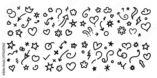 Collection of hand drawn doodle elements including hearts stars arrows and flowers on white background