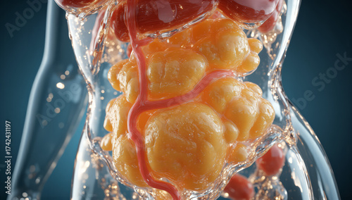 Close-up digital rendering of a human torso with a detailed view of the internal organs. The image focuses on the intestines, which are filled with numerous small, orange, bean-shaped fecal matter.