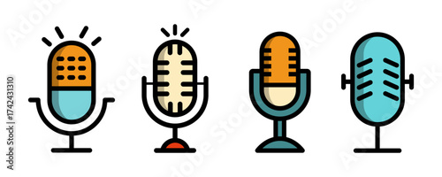 A set of four colorful retro microphone icons for podcasting and broadcasting on a white background.