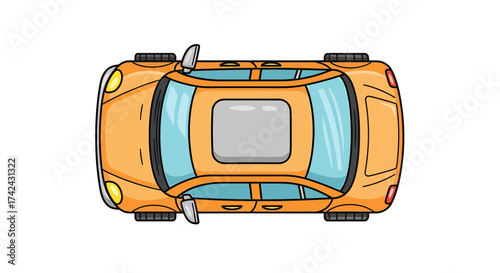 Aerial perspective of cheerful orange vehicle with sunroof capturing urban mobility essence