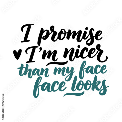 The hand-lettered phrase, 'I promise i'm nicer than my face looks' is shown against a white background in black and teal ink.
