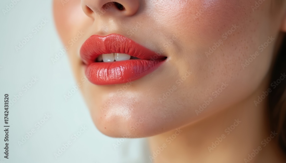 Obraz premium Close up photo of female lips wearing red lipstick. Face of a young woman with perfect skin and makeup. Beauty concept. Cosmetic product. White background. Lips and face.
