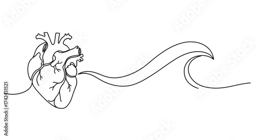 Anatomical heart connected by flowing line to ocean wave in minimalist design